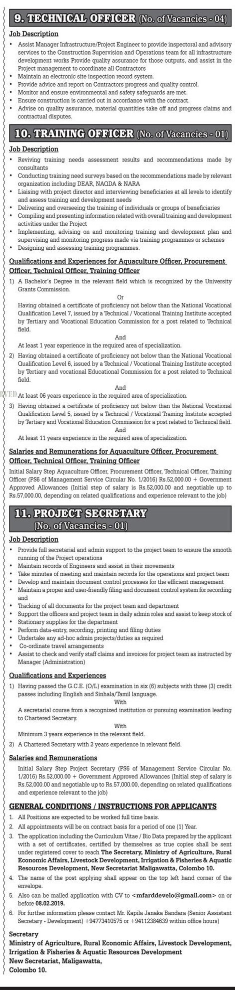 Manager, Environment Specialist, Quantity Surveyor, Project Accountant, Aquaculture Officer, Procurement Officer, Technical Officer, Training Officer, Project Secretary, Project Director - Ministry of Agriculture, Rural Economic Affairs, Livestock Development, Irrigation & Fisheries & Aquatic Resources Development